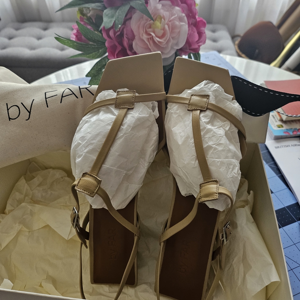 BY FAR Tan Strappy Heels